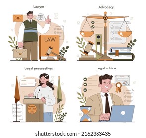 Lawyer concept set. Law advisor or consultant, advocate defending a customer at the proceeding. Punishment and judgement idea. Vector flat illustration