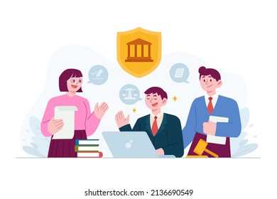 Lawyer concept vector Illustration idea for landing page template, Justice, weights and lawyer hammer symbol, equality and freedom measurement, punishment, social protection.  Hand drawn Flat Style