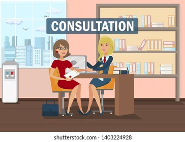 Lawyer Consultation Flat Banner Vector Concept. Advisor and Client Discussing Legal Matters Cartoon Characters. Professional Jurist Service Advertising. Advocate Office Illustration with Typography