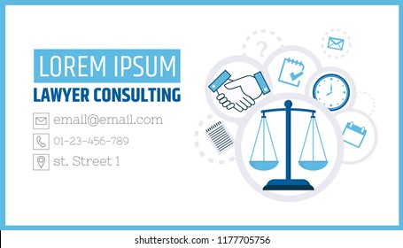 Lawyer consulting. Justice scales. A business card template of a law firm or company. Flyer legal services