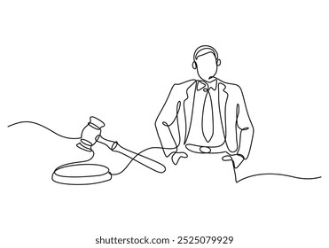 Lawyer Continuous one line drawing. People professional profession with hammer judge. Law and justice concept. Vector illustration minimalist background.