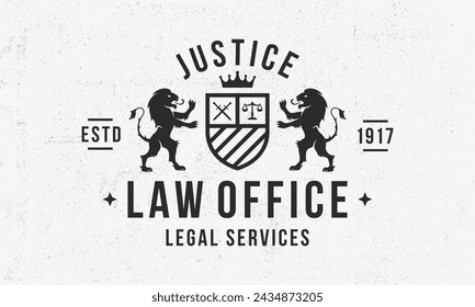 Lawyer crest logo. Lawyer logo with heraldic Lions and grain texture. Logo, Poster for Law business. Vector illustration