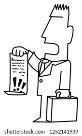 Lawyer demand holding document funny cartoon line drawing, vector, vertical, over white