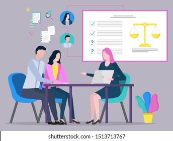 Lawyer discussing with clients, judge consultation, legal advice, plan of strategy. People communication with laptop, legislation and paperwork vector