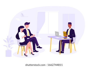 Lawyer Discussing With Clients, Judge Consultation, Legal Advice. Vector Illustration