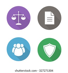 Lawyer flat design icons. Jurisprudence and law white silhouette illustrations on color circles. Scale of justice and court jury round symbols. Shield and document icons. Vector infographics elements