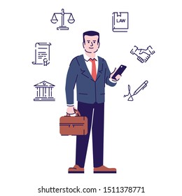 Carácter vectorial plano del abogado. Ilustración de dibujos animados con contorno. Jurista, consultor jurídico, asesor legal que sostiene smartphone y maletín aislado sobre fondo blanco con iconos lineales
