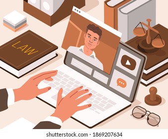 Lawyer Hands typing on Laptop and Consulting Client on Video Conference Call. Online Legal Advice Services. Internet Law and Justice Concept. Flat Isometric Vector Illustration.