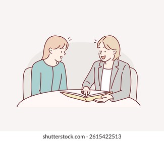 Lawyer having meeting with young. Lawyer having meeting with man. The woman is explained to the woman in the suit. Hand drawn style vector design illustrations.