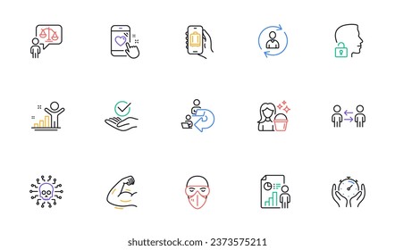 Lawyer, Heart rating and Teamwork business line icons for website, printing. Collection of Cleaning, Strong arm, Baggage app icons. Delegate work, Timer, Unlock system web elements. Vector