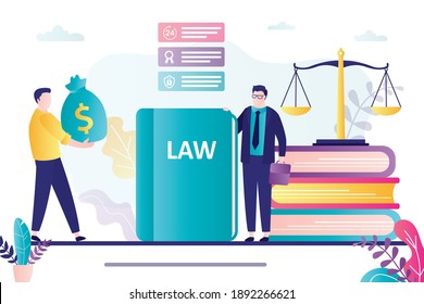 Lawyer helps people. Male client with payment. Male notary provides legal services. Concept of law, justice and authority. Court process. Advocate with law book. Flat vector illustration