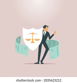 Lawyer holding justice shield surrounded by money cash. Courter and business logistics and affairs. Legal entrepreneur and attorney protect against illegal suspicious judgment. 