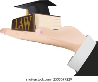 Lawyer is holding a law book with a graduation cap on top