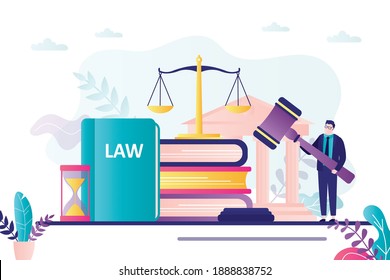 Lawyer holds wooden gavel. Judge passed sentence defendant. Concept of legal verdict and legislation authority. Elements of court and law. Constitution and scales on background. Vector illustration