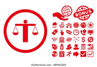 Lawyer icon with bonus clip art. Vector illustration style is flat iconic symbols, red color, white background.