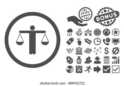 Lawyer icon with bonus elements. Vector illustration style is flat iconic symbols, gray color, white background.