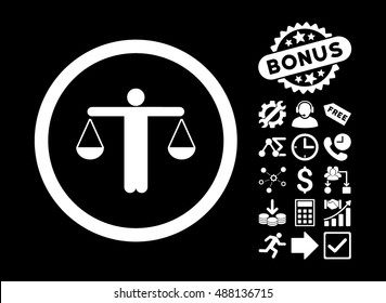 Lawyer icon with bonus icon set. Vector illustration style is flat iconic symbols, white color, black background.