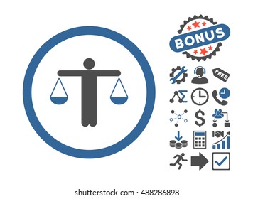 Lawyer icon with bonus symbols. Vector illustration style is flat iconic bicolor symbols, cobalt and gray colors, white background.