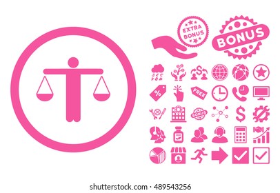 Lawyer icon with bonus symbols. Vector illustration style is flat iconic symbols, pink color, white background.