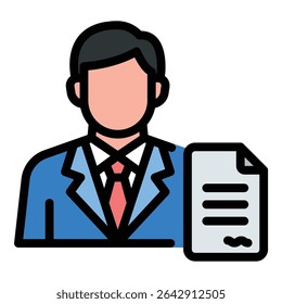 Lawyer icon flat line style illustration representing legal representation and counsel, suitable for law firms, legal services, and justice-related projects