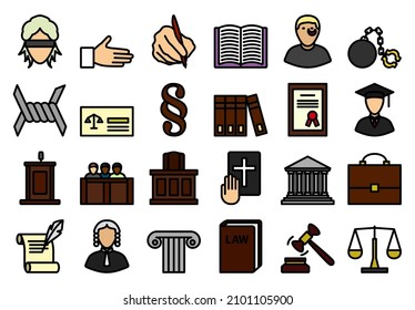 Juego de iconos del abogado. Contorno de negrita editable con diseño de relleno de color. Ilustración vectorial.