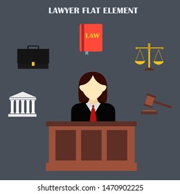 Lawyer icon set with various law element,hammers, courts, legal books, justice scales and suitcases.