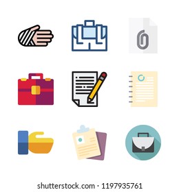 lawyer icon set. vector set about hand shake, injury, document and briefcase icons set.