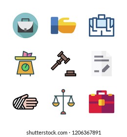 lawyer icon set. vector set about injury, auction, document and hand shake icons set.