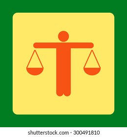 Lawyer icon. This flat rounded square button uses orange and yellow colors and isolated on a green background.