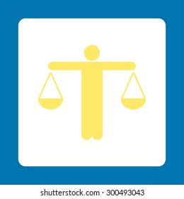 Lawyer icon. This flat rounded square button uses yellow and white colors and isolated on a blue background.