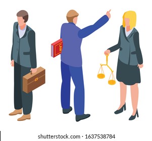 Lawyer icons set. Isometric set of lawyer vector icons for web design isolated on white background