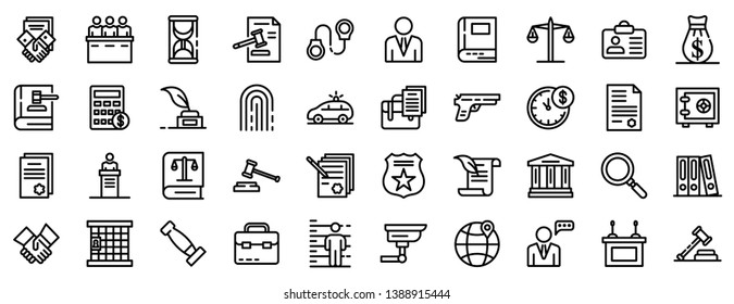 Lawyer icons set. Outline set of lawyer vector icons for web design isolated on white background