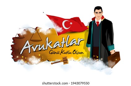 Lawyer illustration. portrait of a smiling lawyer. Turkish April 5 Lawyers Day celebration message. Vector illustration. Turk bayragi ve avukatlar gunu kutlu olsun metni.