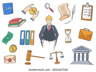 lawyer jobs profession doodle hand drawn set collections with flat outline style