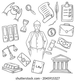 lawyer jobs or profession doodle hand drawn set collections with outline black and white style