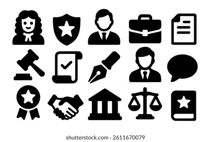 lawyer judge icons set of black legal and law-related vector icons featuring judge, lawyer, gavel, contract, courthouse, scale of justice, handshake, briefcase, document, pen nib, and shield with star