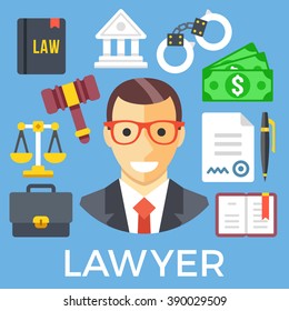 Lawyer And Judicial System Icons Set. Jurisprudence, Juvenile Justice System, Law Icons. Flat Design Graphic Elements For Web Banners, Printed Materials, Web Sites, Infographics. Vector Illustration