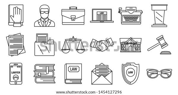 Lawyer justice\
icons set. Outline set of lawyer justice vector icons for web\
design isolated on white\
background