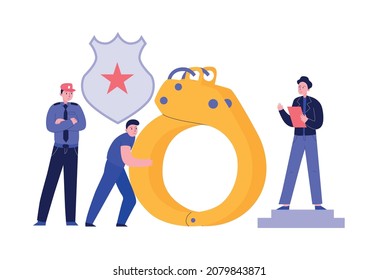 Lawyer justice law composition with doodle characters of police officer lawyer and criminal with handcuffs vector illustration