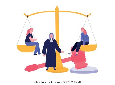 Lawyer justice law composition with doodle characters of judge and women on balance weighs vector illustration