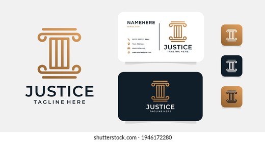 Lawyer justice legal logo design and business card vector template. Logo can be used for icon, brand, identity, attorney, pillar, and business company