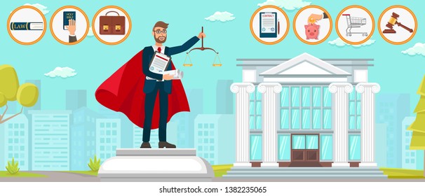 Lawyer Law Firm Can do Anything. Vector Flat Monument Young Guy Hands Scales Contract Documents. Code Law Constitution Bible Brown Portfolio Contract Signing Stamp Signature Payment.