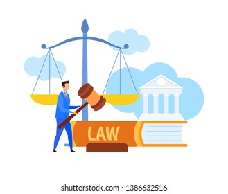Lawyer, Legal Advisor Holding Gavel Flat Character. Cartoon Attorney with Law Symbols. Human Rights Defense Vector Illustration. Trial Procedure, Justice, Punishment. Huge Scales, Legal Book