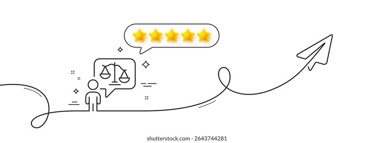 Lawyer line icon. Continuous line with share plane. Court judge sign. Justice scale symbol. Five star rate review in speech bubble. Lawyer single line ribbon. Loop curve pattern. Vector