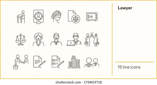 Lawyer line icon set. Attorney, man, woman, professional. Justice concept. Can be used for topics like trial, court, courthouse, law