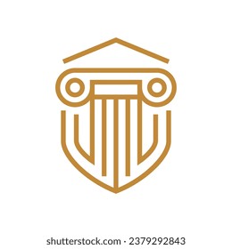 Lawyer logo in the form of shield with greece column. Lawyer logo with creative element style Premium Vector on white background