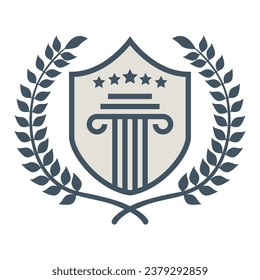 Logo del abogado en forma de escudo con columna grecia. Logo del abogado con estilo de elemento creativo Vector Premium en fondo blanco