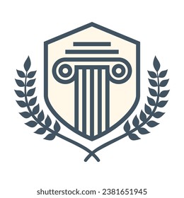 Logo del abogado en forma de escudo con columna grecia. Logo del abogado con estilo de elemento creativo Vector Premium en fondo blanco