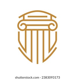 Lawyer logo in the form of shield with greece column. Lawyer logo with creative element style Premium Vector on white background