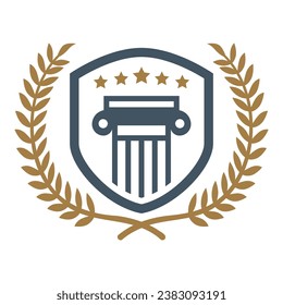 Lawyer logo in the form of shield with greece column. Lawyer logo with creative element style Premium Vector on white background